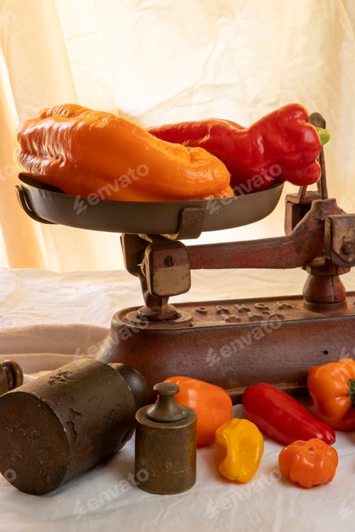 Preview: Multicolored Peppers On Old Scale Plate On The Table With White Wrinkled Tablecloth And Small