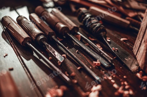 Preview: Woodworking And Crafts Tools. Carpentry Hand Tools On A Workbench. Chisels, Measuring Tools. Wooden