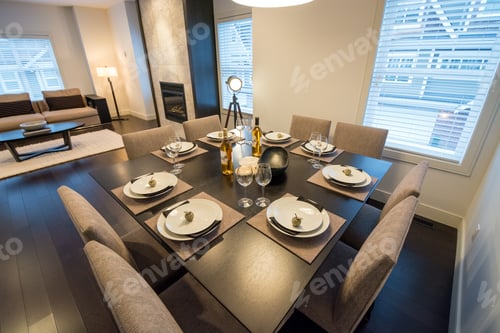 Preview: Spacious Bright Living Room With A Dining Room Table Set For Dinner. Interior Design.