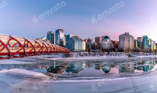 Preview: Evening Skyline View Along The Bow River In Calgary, Alberta. Peace Bridge Visible.