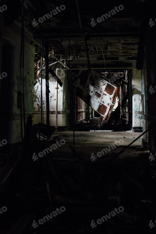 Preview: Inside A Dark, Collapsing Hallway At The End At The Long Abandoned Hudson River State Hospital In