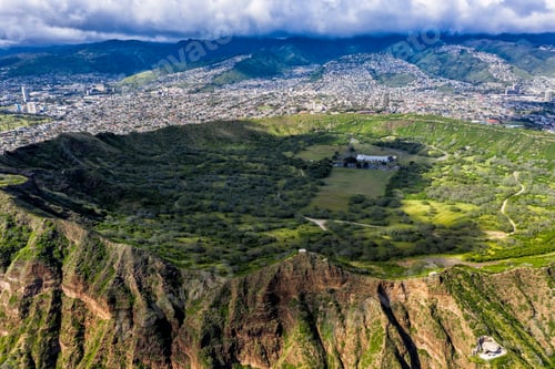 Preview: Aerial View Of Diamond Head Crater Floor And Honolulu Skyline, Hawaii