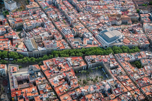 Preview: Aerial View Of Barcelona Old Town Streets And Famous La Rambla Boardwalk, Spain