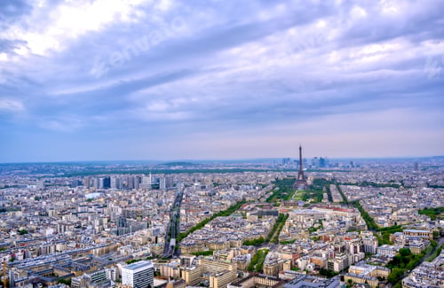 Preview: An Aerial View Of The Eiffel Tower And Paris, France At Dusk.