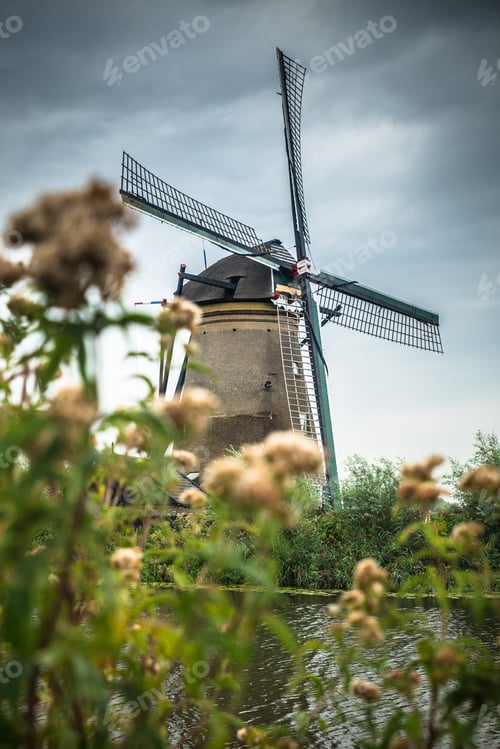 Preview: Dutch Windmill And Surrounding Landscape At Kinderdijk In Netherlands