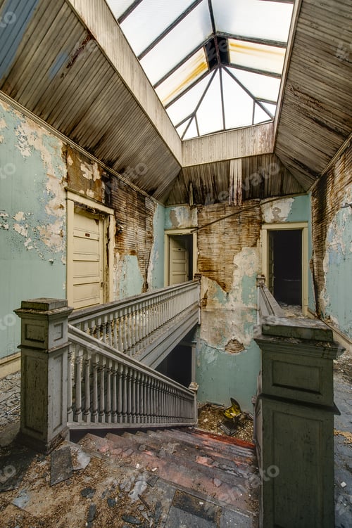 Preview: Inside A Long Abandoned Apartment Building Looking Towards A Grand Staircase Leading Up To The Top