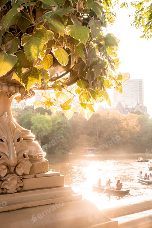 Preview: Summer In Central Park New York City Seen From Historic Bow Bridge With Unknown People In Row Boats