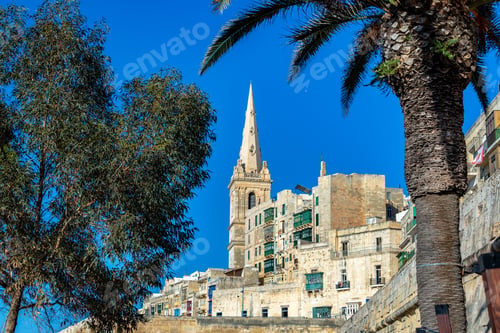 Preview: St. Paul'S Anglican Pro-Cathedral Framed By Two Trees In Valletta, Malta