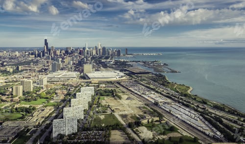 Preview: Aerial View Of Chicago Downtown With Railroad Track And Semi Trailers Warehouse - High Angle