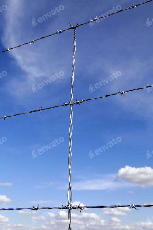 Preview: New Steel Fence In Farm With Blue Sky And Clouds In Background On Countryside In Brazil