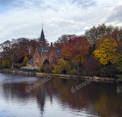 Preview: Beautiful Fall View Of Medieval Buildings On Canal In"Rozenhoedkaai " Bruges, Belgium