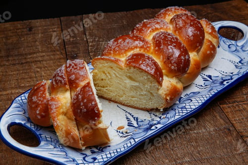 Preview: Sweet Twist Bread, Typical Of Brazilian Bakery, On Dish Decorated In Blue In Rustic Wooden Table