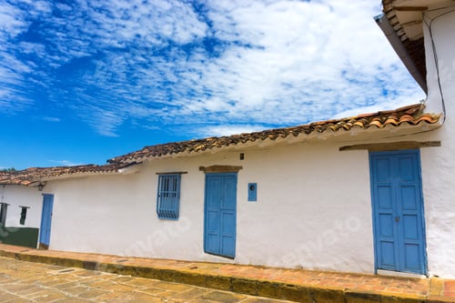 Preview: White Colonial Architecture With A Beautiful Blue Sky In Barichara, Colombia