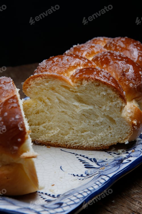 Preview: Sweet Twist Bread, Typical Of Brazilian Bakery, On Dish Decorated In Blue In Rustic Wooden Table