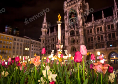 Preview: Munich Germany, New Town Hall , Rathaus At The Marienplatz Seen In The Background At Night With