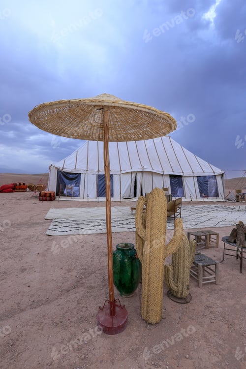 Preview: A Panoramic View Of A Glamping Site At Sunset In The Agafay Desert, Near Marrakesh In Morocco