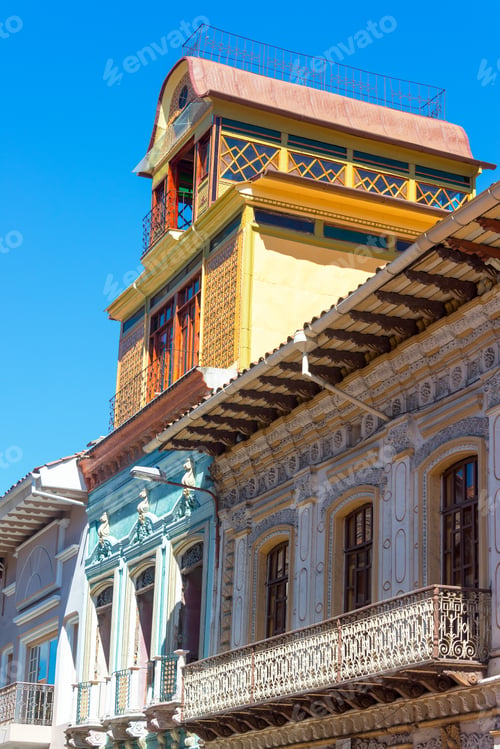 Preview: Vertical View Of Colorful Historic Balconies In Cuenca, Ecuador