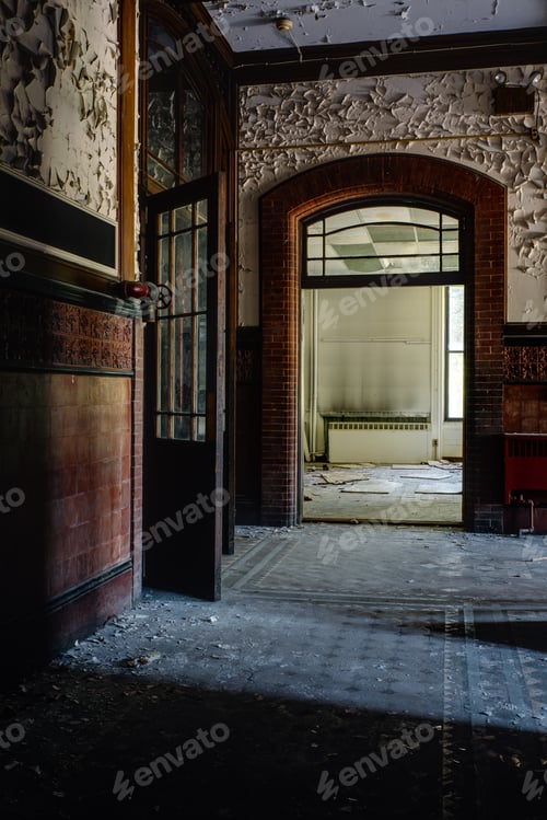 Preview: An Interior View Of A Derelict Hallway With Open Doors In An Abandoned Boys School In New York.