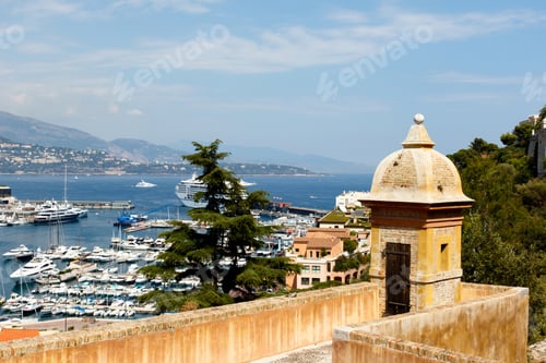 Preview: Monte Carlo Harbor With Luxury Yachts And The City Skyline. Horizontal With Copy Space For Text