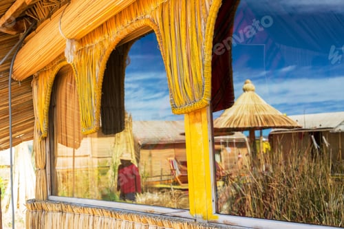 Preview: Uros Floating Island Reflected In A Window On Lake Titicaca, Peru