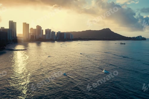 Preview: Sunrise Above Waikiki Buildings And Diamond Head Mountain In Honolulu, Oahu Island, Hawaii