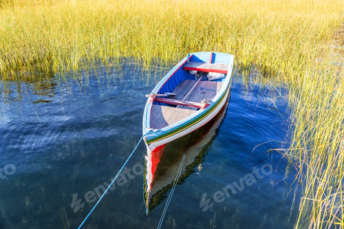 Preview: Colorful Boat Surrounded By Reeds On Lake Titicaca Near Copacabana, Bolivia