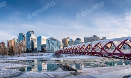 Preview: Evening Skyline View Along The Bow River In Calgary, Alberta. Peace Bridge Visible.