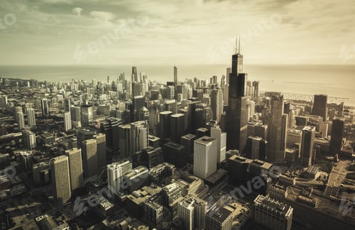 Preview: Chicago Downtown Skyscrapers Aerial View, Vintage Colors