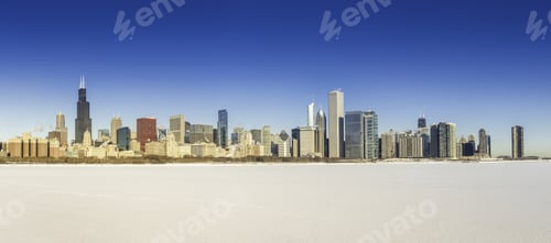Preview: Chicago Downtown Panorama In Winter Scenery With Frozen Snow Lake Michigan