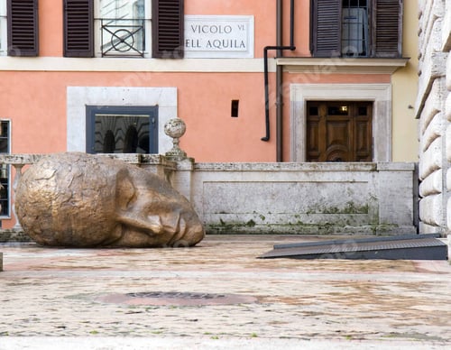 Preview: Head Of A Statue In A Courtyard In Rome, Italy (Italian Street Sign On The Wall)