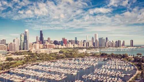 Preview: Chicago Skyline Aerial View With Marina And Boats , Vintage Colors