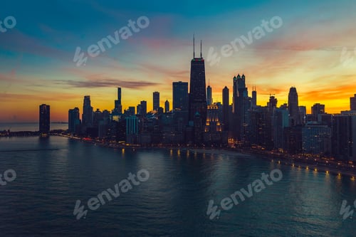 Preview: Beautiful Sunset Above Chicago Lakefront Skyscrapers, Aerial View