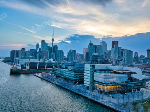 Preview: Beautiful Panorama Of Toronto Skyline At Sunset In Ontario, Canada. Aerial View Photograph