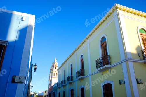 Preview: Colonial Street Corner In Campeche, Mexico With A Beautiful Blue Sky