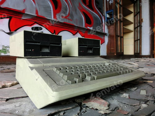 Preview: Vintage Old Computer With Floppy Drives Inside Abandoned Classroom