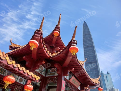 Preview: Ancient Chinese Temple With Modern Skyscraper Behind