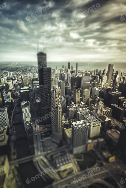 Preview: Chicago Skyline Aerial View With Downtown Skyscrapers, Vintage Colors