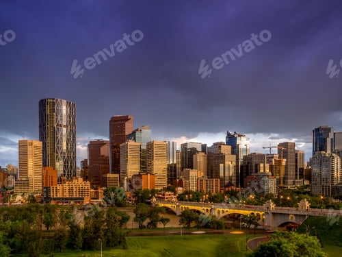Preview: Calgary Skyline At Night With Bow River And Centre Street Bridge.