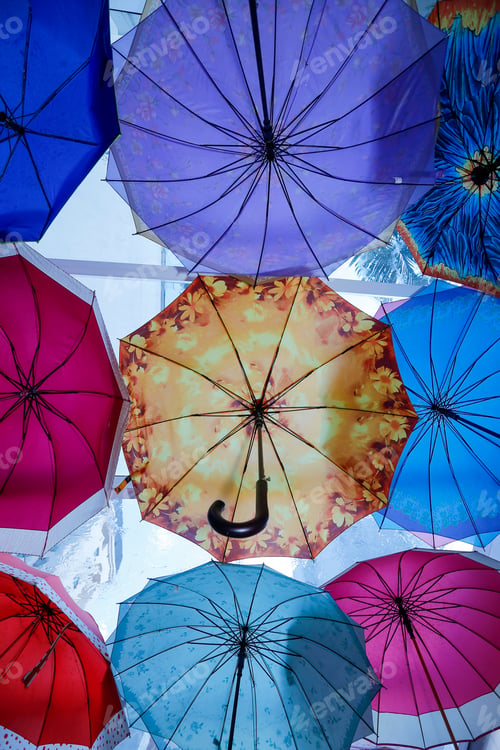 Preview: Colorful Umbrellas Background. Colorful Umbrellas In The Sky. Street Decoration.