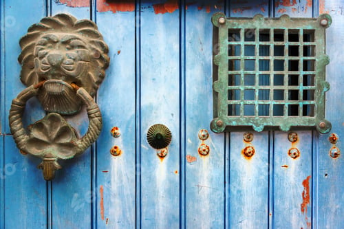 Preview: Old Historic Door Knocker On A Blue Door In Cartagena, Colombia