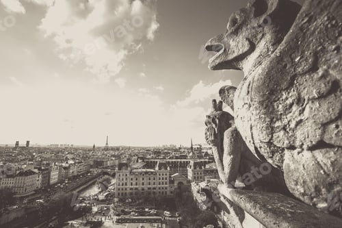 Preview: Gargoyle From Notre Dame Cathedral Overlooking The Cit Of Paris With A Vintage Retro Tone Effect