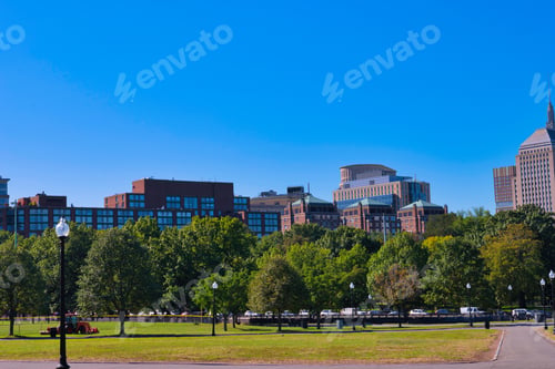 Preview: Boston Usa Public Garden, Common Frog Pond And City Skyline.