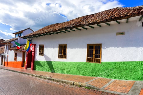 Preview: Colonial Street With Colombian And Mexican Flags In La Candelaria Neighborhood In Bogota, Colombia