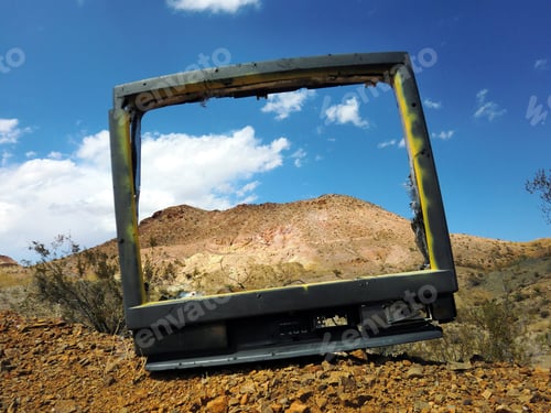 Preview: Old Busted Television Shell Framing Desert Mountain - Landscape Color Photo