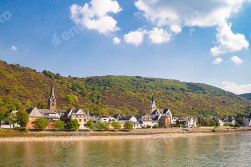 Preview: German Travel Landscape From Village Along The Rhine River With Beautiful Old Architecture