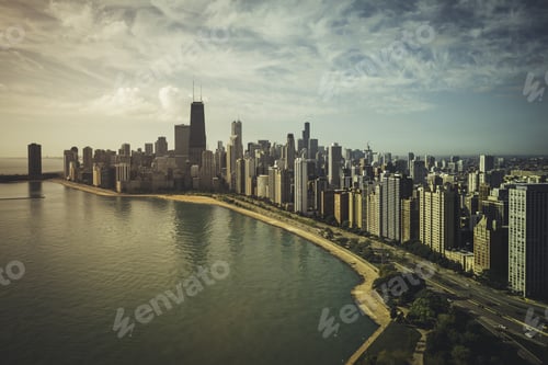 Preview: Chicago Skyline Aerial View With Park And The Beach - Vintage Colors