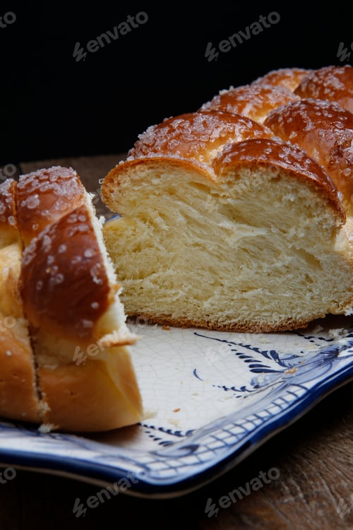 Preview: Sweet Twist Bread, Typical Of Brazilian Bakery, On Dish Decorated In Blue In Rustic Wooden Table