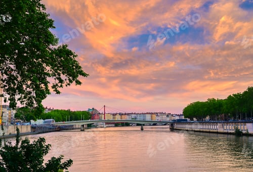 Preview: A View Of Lyon, France Along The Saône River At Sunset.