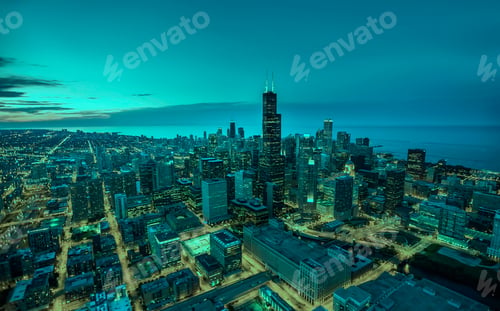 Preview: Sunset Above Chicago Downtown, United States. Aerial View At Dusk