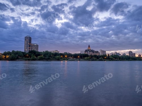 Preview: Saskatoon Skyline At Night Along The Saskatchewan River.